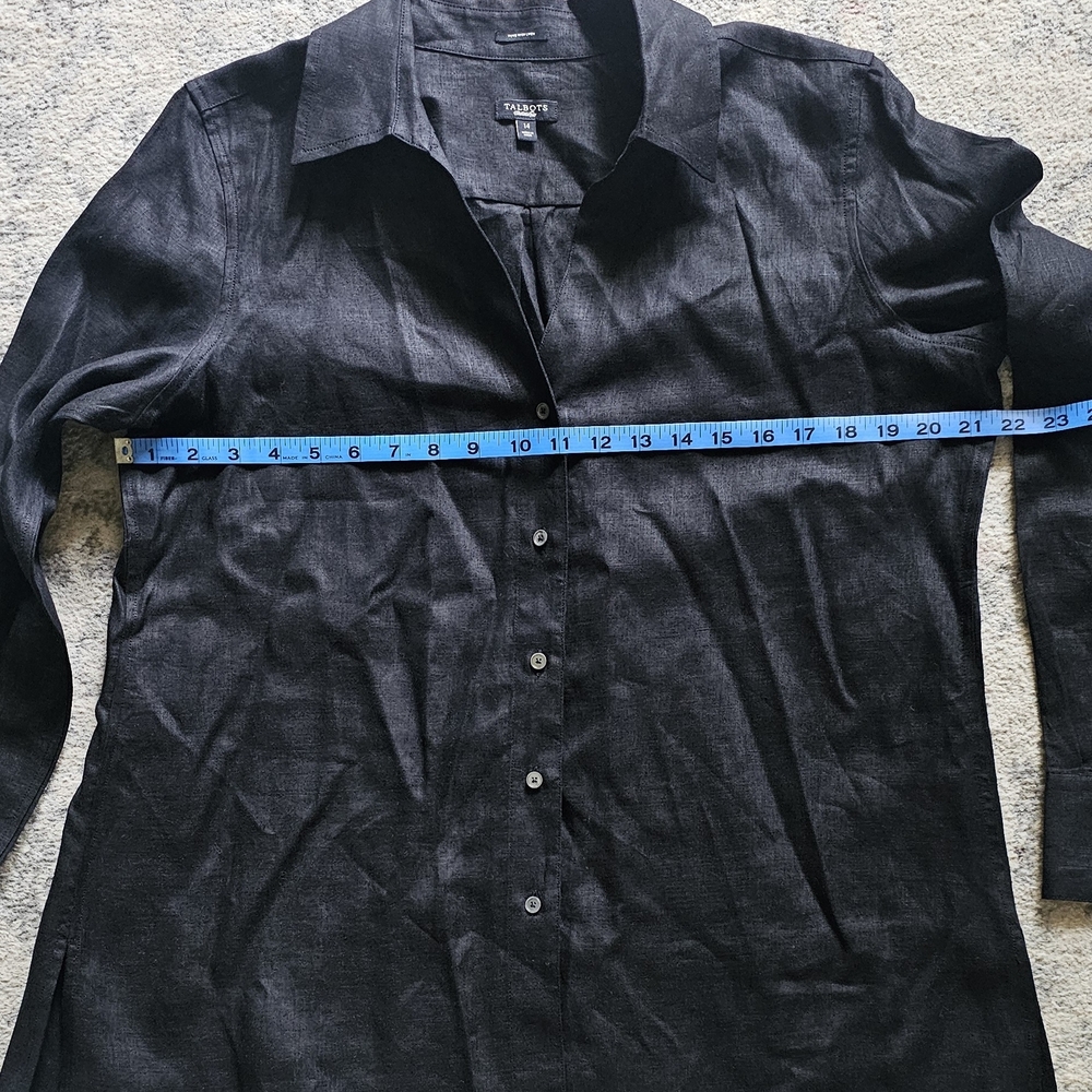 Talbots Women's Top Blouse Size 14 Irish Linen Solid Black Button Up 3/4 Sleeves - Picture 4 of 5